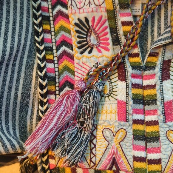 Philosophy Embroidered Boho Tunic Dress Womens Large Stripes Festival Tassels - Picture 7 of 9